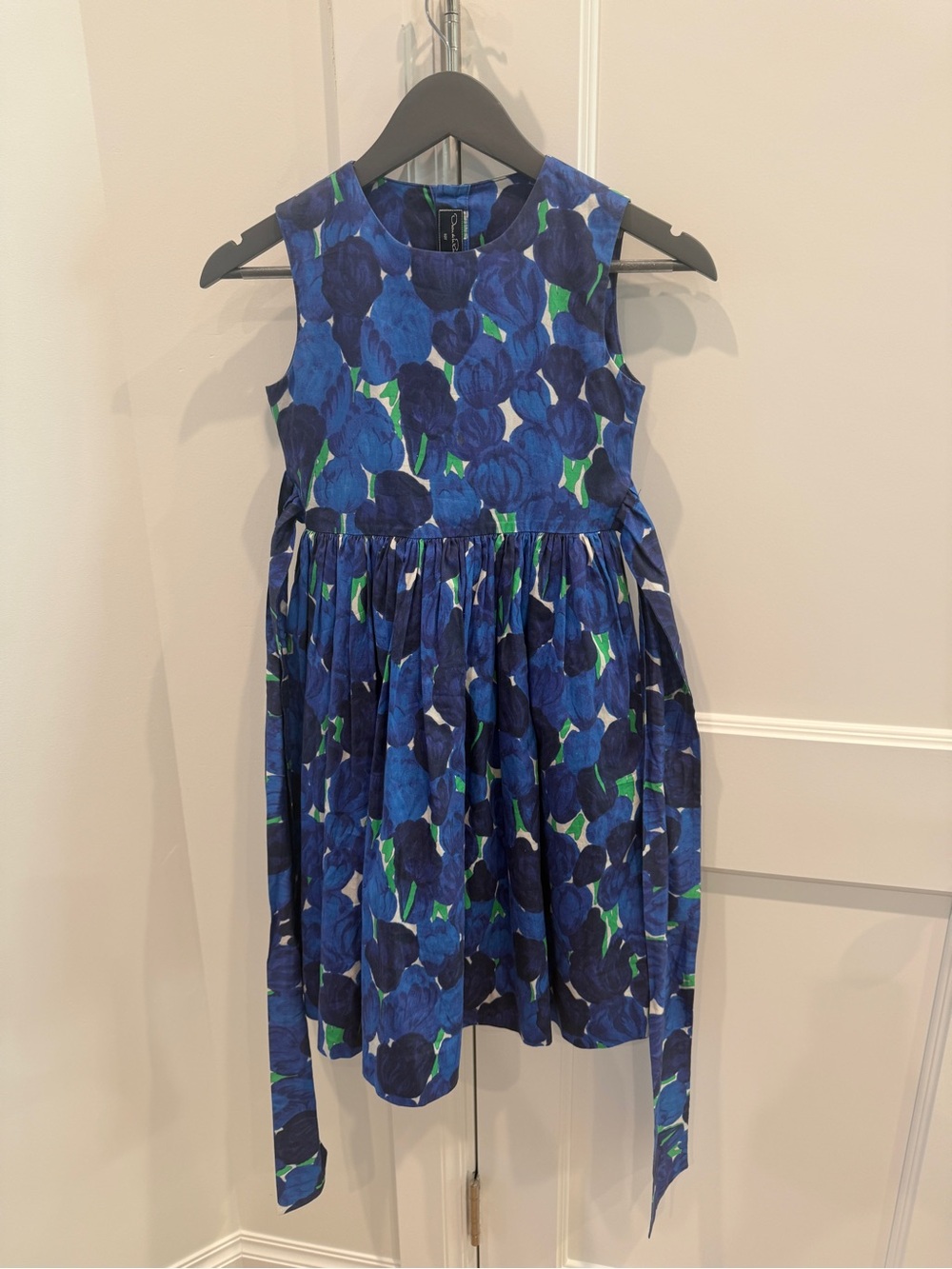 Oscar de la Renta Girls' Blue Floral Sleeveless Party Dress with Green Accents
